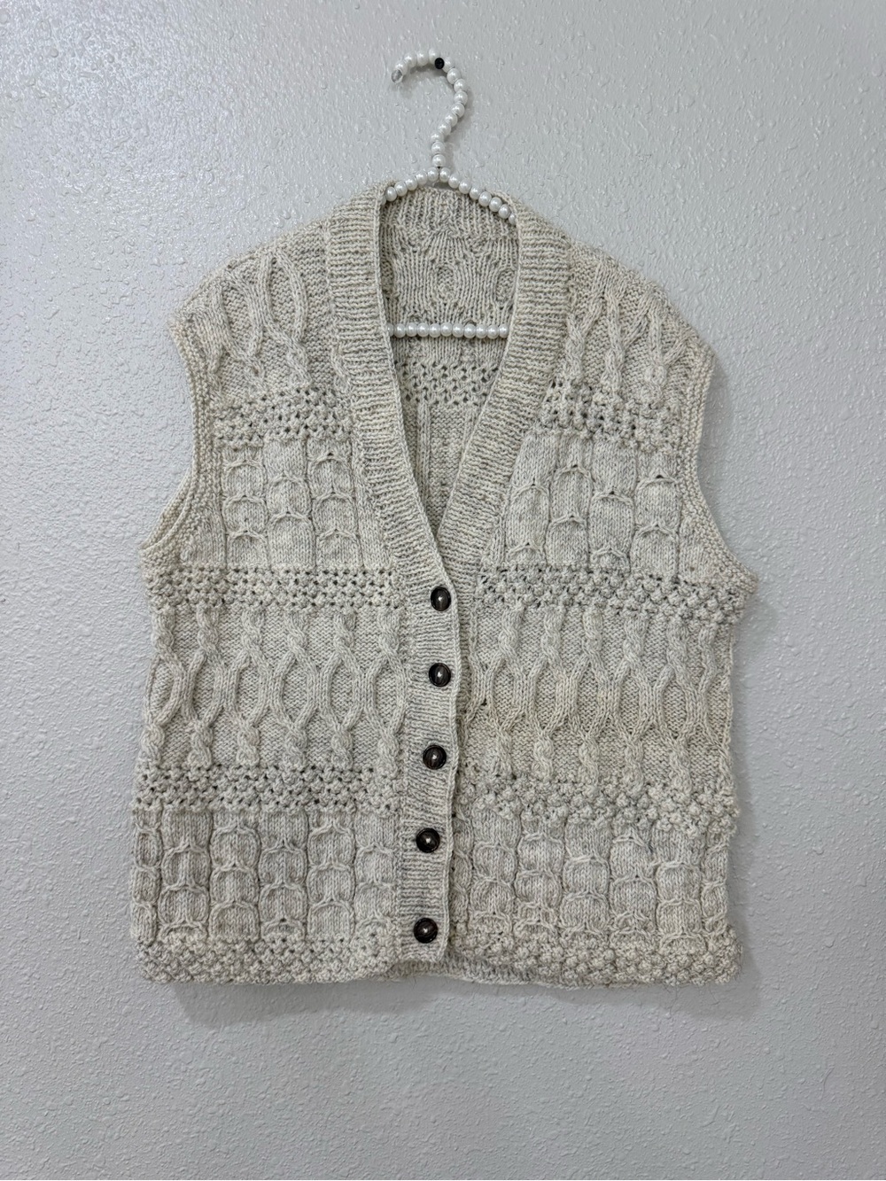 Vintage Wool Cable Knit Sweater Vest Fisherman Style Cottagecore Chunky Knit XL